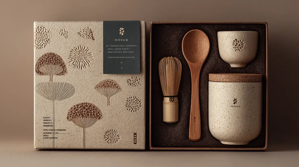 A beige gift box, adorned with embossed floral patterns, contains a Hoeur matcha set.  The set includes a speckled ceramic bowl and jar with wooden lids, a bamboo whisk, and a wooden spoon. The minimalist design emphasizes natural materials and earthy tones. The box's exterior reflects the set's contents, showcasing a cohesive and elegant presentation.