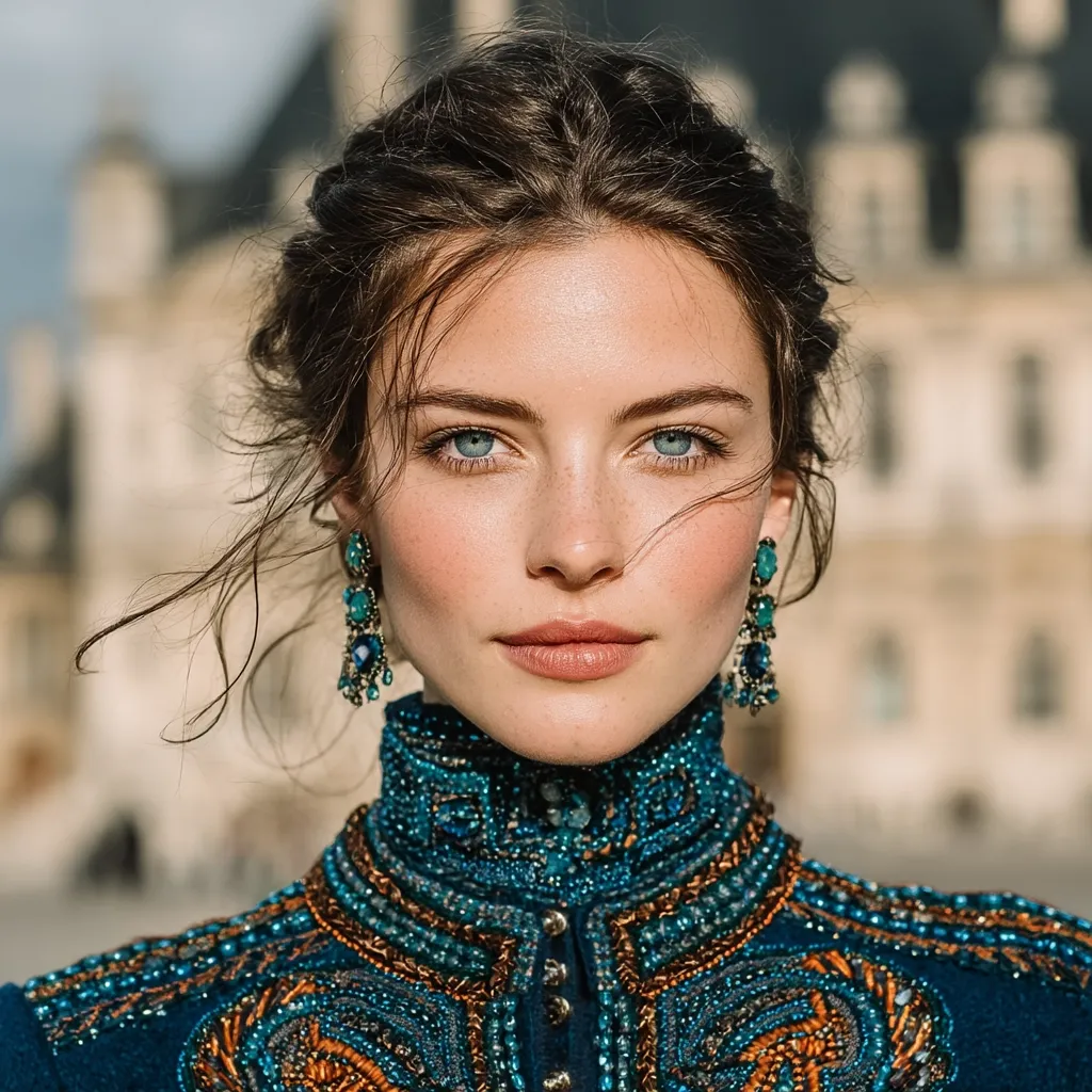 A young woman with light skin and freckles gazes directly at the camera. Her hair is styled in a loose updo, and she wears elegant, dangling turquoise earrings.  She is dressed in a richly embellished dark blue jacket featuring intricate beading and embroidery in shades of teal, gold, and brown. The background is blurred, suggesting a grand, possibly European, architectural setting.