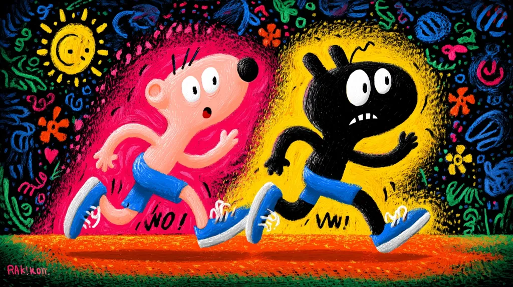 A vibrant illustration depicts two stylized figures, one pink and one black, running in opposite directions.  The pink figure shouts "NO!", while the black figure exclaims "W!".  They are set against a backdrop of chaotic, colorful scribbles and doodles, including a sun and flowers, creating a dynamic and energetic scene.  The overall style is playful and expressive, suggesting a contrast in emotions or perspectives.