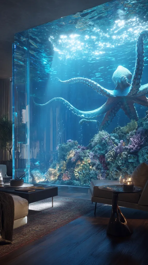 A large, transparent aquarium dominates a luxurious living room.  A giant octopus swims within, surrounded by vibrant coral reefs.  Soft lighting illuminates the underwater scene, creating a tranquil atmosphere.  Modern furniture, including a low coffee table and a chaise lounge, complements the stunning centerpiece. The overall design is sophisticated and otherworldly.