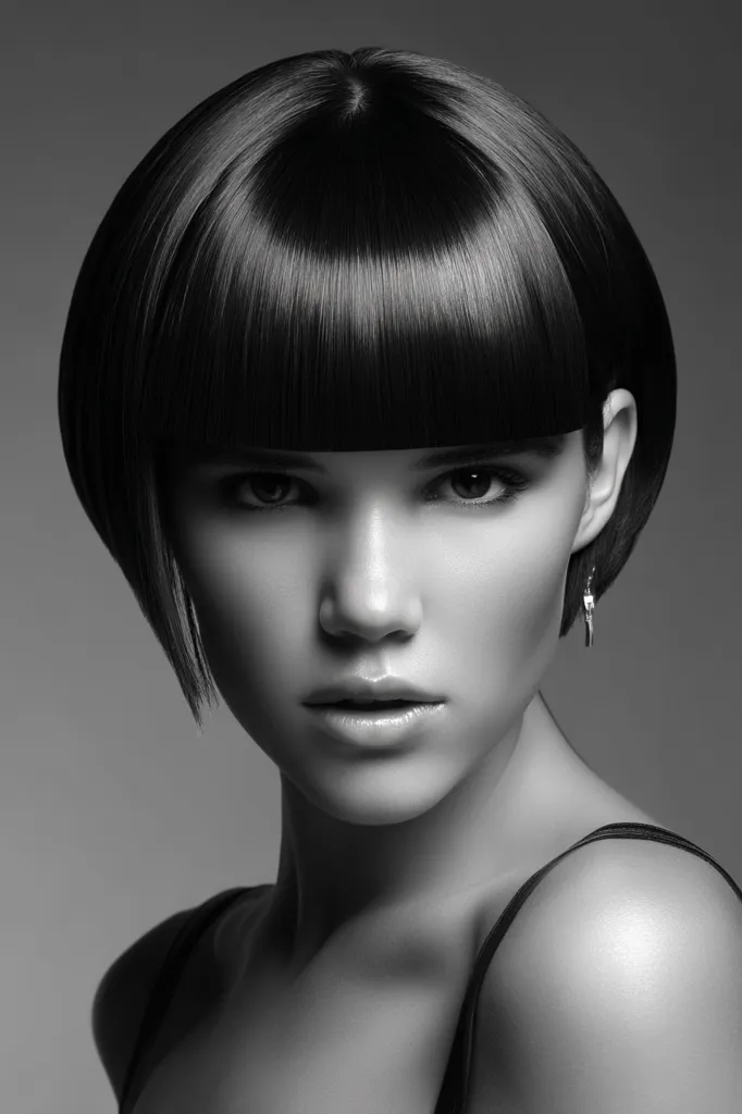 A black and white close-up portrait of a young woman with a short, blunt bob haircut and straight bangs.  Her expression is serious and her gaze is direct.  She wears simple, small earrings and a dark, sleeveless top. The image is sharply focused, highlighting her smooth skin and sleek hair. The lighting is dramatic, emphasizing her features.
