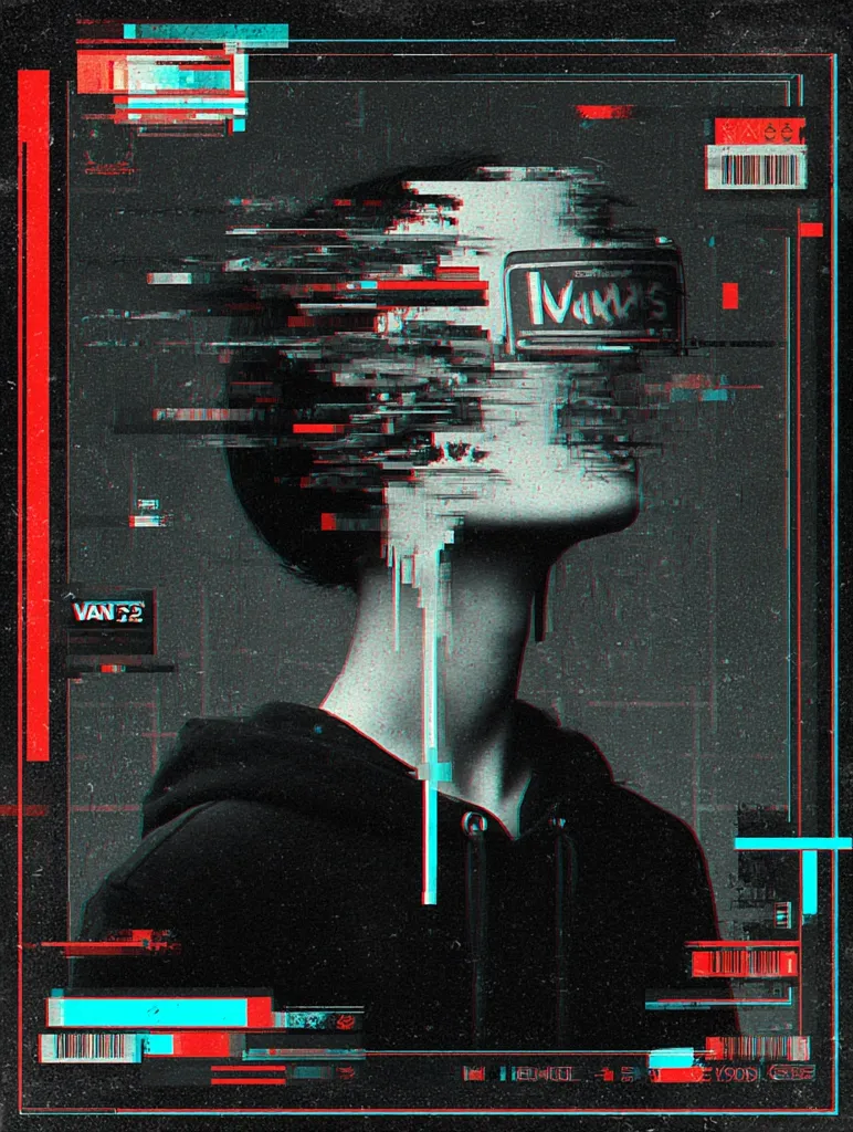 A stylized portrait of a person, their face obscured by a glitch effect and overlaid with digital artifacts.  The image is predominantly dark, with vibrant red, blue, and cyan digital code and barcodes framing the figure.  A word, possibly a name, "Ivan's," is visible within the glitch. The overall aesthetic is cyberpunk, blending gritty textures with futuristic digital distortion.