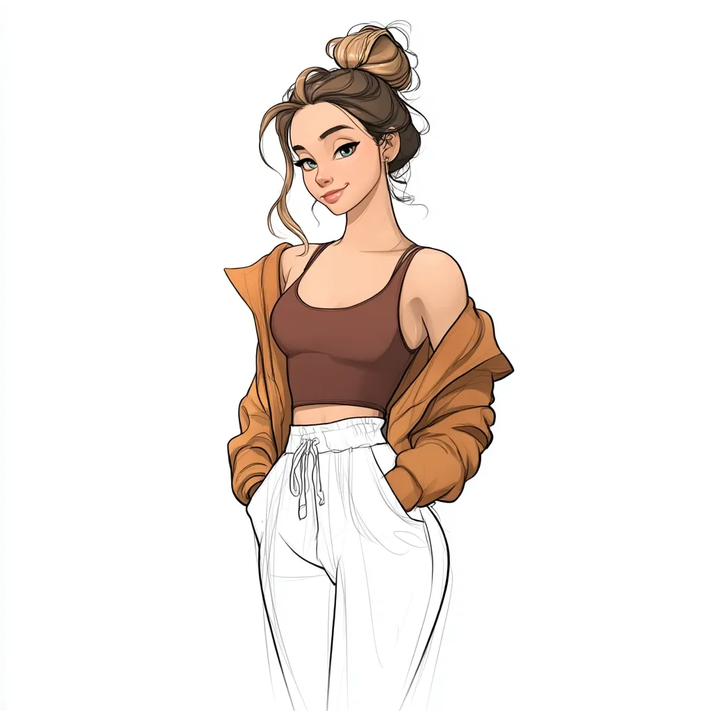 A stylish illustration of a young woman with light brown hair in a messy bun. She's wearing a brown cropped tank top, white sweatpants, and an unbuttoned mustard-yellow jacket casually draped over her shoulders.  Her hands are in her pockets, and she's looking at the viewer with a pleasant expression. The style is contemporary and slightly cartoonish.