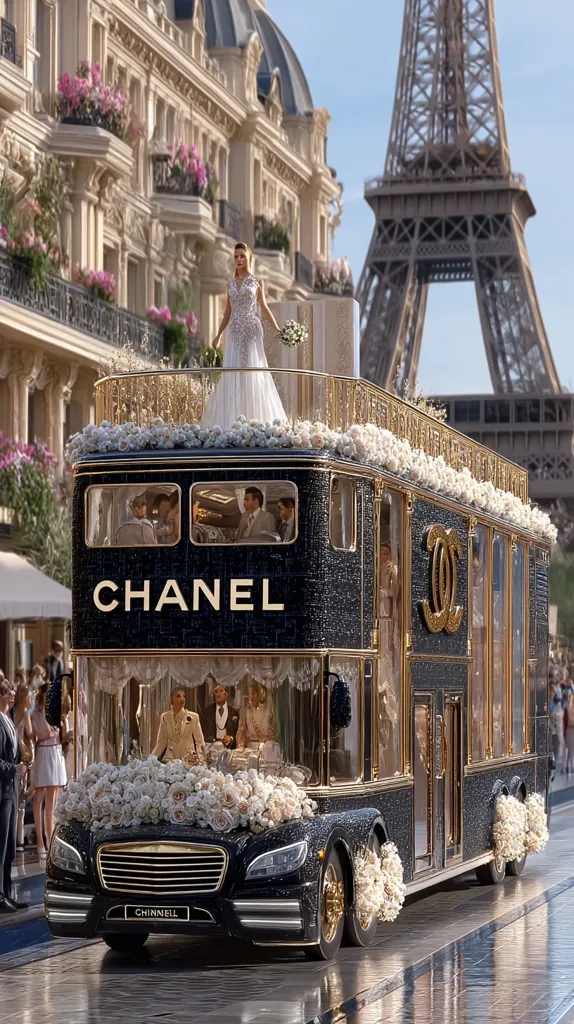 A lavish Chanel-branded double-decker bus, adorned with opulent gold detailing and abundant white floral arrangements, is pictured.  A bride in a flowing white gown stands on the upper deck, with the Eiffel Tower in the background.  Guests are visible inside the bus, creating a scene of luxurious Parisian bridal transport. The overall aesthetic is one of extravagant elegance and high fashion.