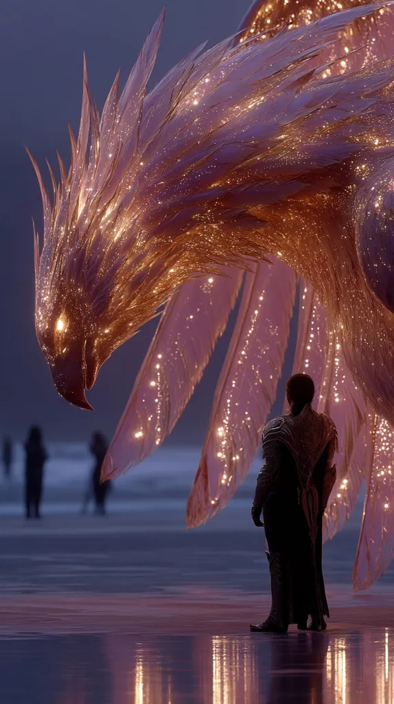 A majestic, luminous phoenix, its feathers shimmering with golden light, dominates the scene.  A lone figure, clad in dark armor, stands in awe before the ethereal creature on a reflective beach at twilight.  In the background, blurry figures observe from a distance, adding to the mystical atmosphere. The image evokes a sense of wonder and the powerful presence of mythical beings.