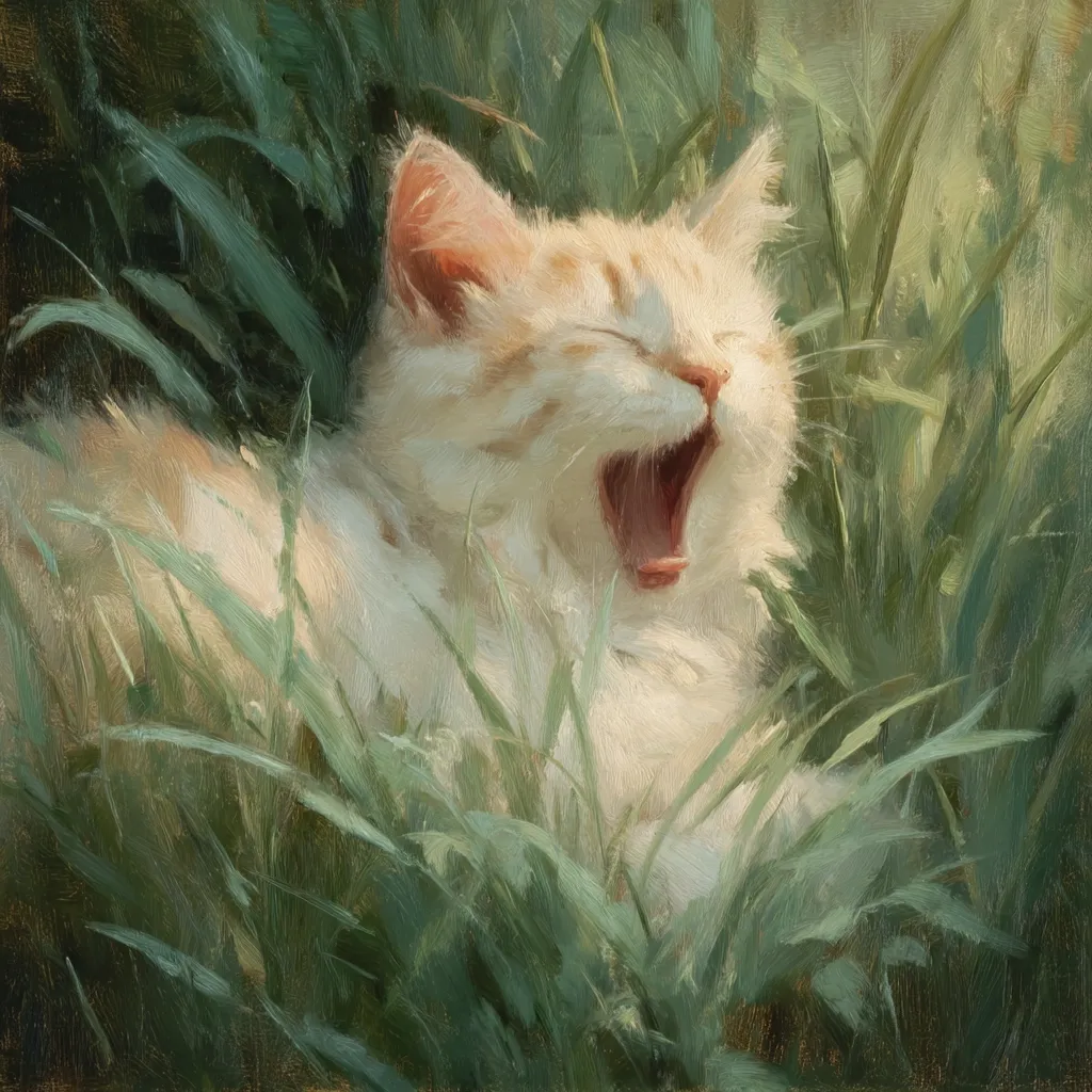 A charming painting depicts a cream-colored kitten nestled in tall grass, its mouth wide open in a delightful yawn.  The soft, impressionistic brushstrokes capture the kitten's fluffy fur and the sunlit blades of grass.  The overall mood is peaceful and serene, showcasing the beauty of a simple, natural moment. The artist's skill is evident in the delicate rendering of light and shadow.