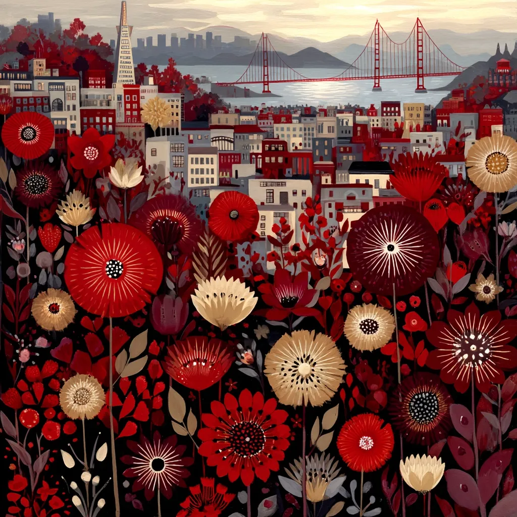A vibrant illustration depicts a stylized San Francisco cityscape, featuring the Golden Gate Bridge and the Transamerica Pyramid, nestled amidst a profusion of red and beige flowers.  The artwork uses bold colors and graphic shapes to create a rich, almost tapestry-like effect. The juxtaposition of the urban landscape and the flourishing floral foreground creates a striking visual contrast.  The overall style is modern and whimsical.