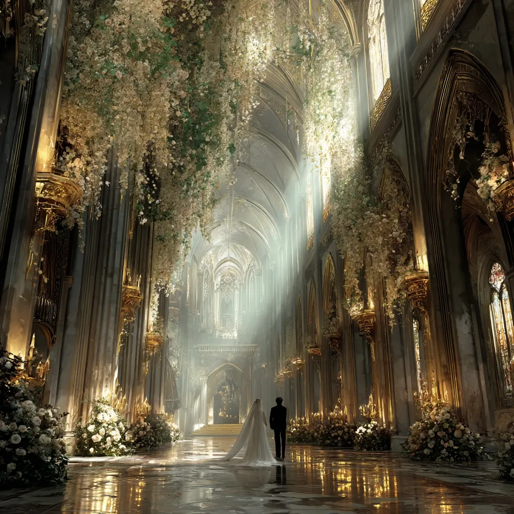 A breathtaking cathedral, adorned with cascading white flowers and golden accents, awaits a wedding.  Sunlight streams through the high arched windows, illuminating the bride and groom standing at the altar.  Floral arrangements line the aisle, creating a romantic and ethereal atmosphere within the grand, gothic architecture. The scene is a captivating blend of elegance and fantasy.