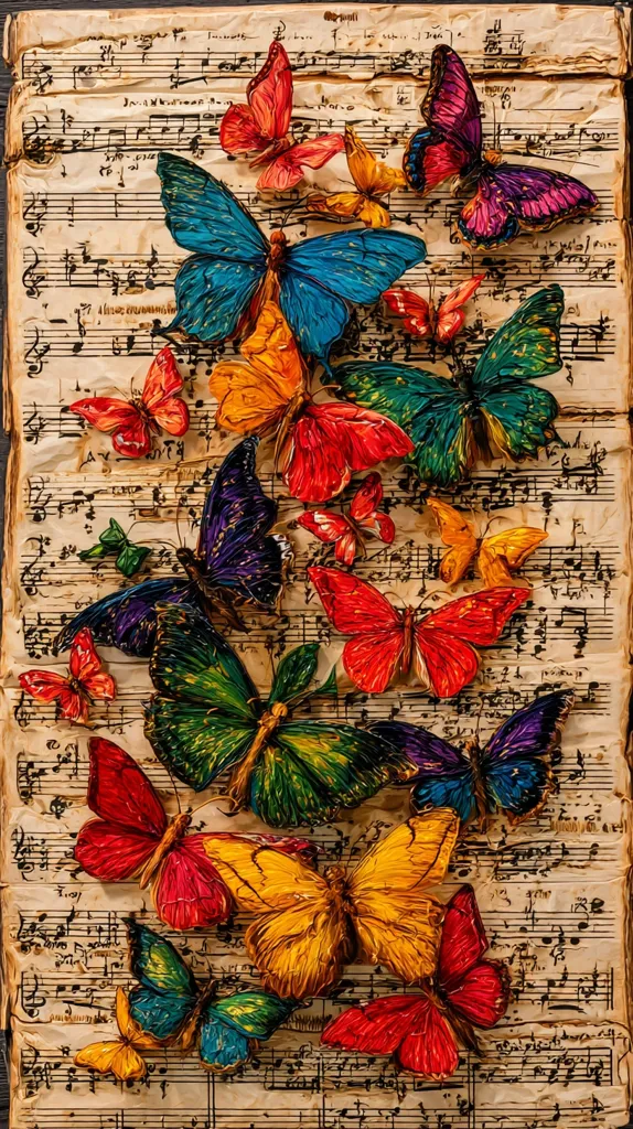 A vibrant artwork depicts numerous colorful butterflies arranged on an aged sheet of musical notation.  The butterflies, rendered in rich, textured paint, display a variety of colors and sizes, creating a dynamic and visually arresting composition. The contrast between the aged paper and the bright butterflies is striking, suggesting a theme of timeless beauty and artistic expression.  The overall effect is one of whimsy and elegance.