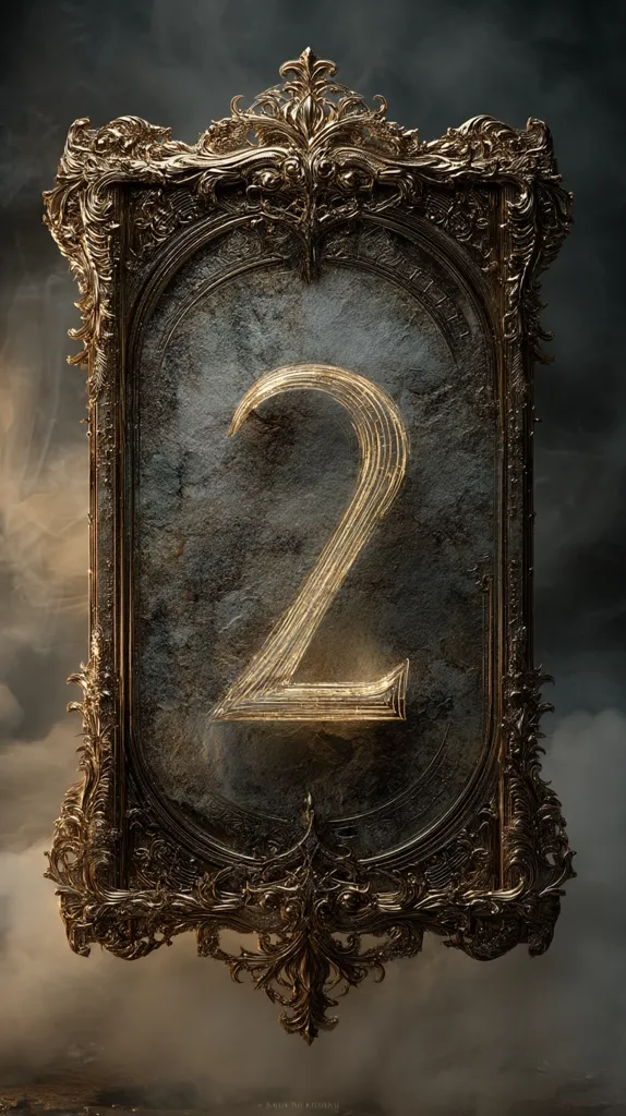 A gilded, ornate frame, reminiscent of Baroque artistry, encloses a dark, textured background.  Within, the number two is prominently displayed in a glowing, gold-leaf style. The overall aesthetic is one of opulent darkness, with a hint of mystery and anticipation, suggesting a sequel or continuation. The image's depth and detail create a sense of grandeur and intrigue.