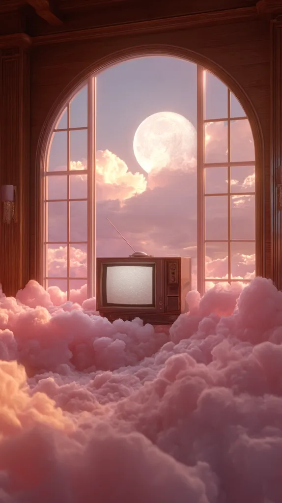 A vintage television sits nestled in a sea of fluffy, pastel pink clouds.  A large, full moon glows in the arched window behind it, illuminating a dreamy, surreal landscape. The room is elegant, with dark wood paneling and soft lighting, enhancing the whimsical atmosphere. The scene evokes a feeling of peaceful tranquility and nostalgic charm.