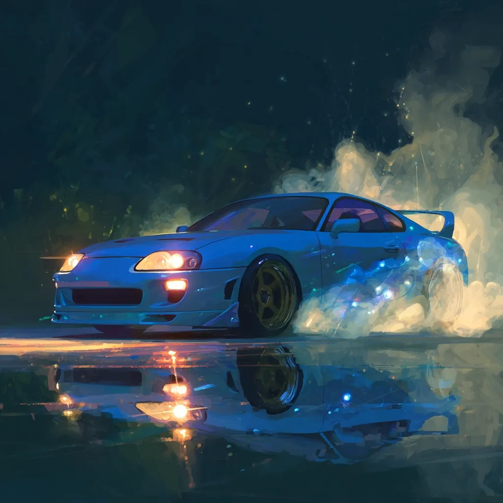 A vibrant digital painting showcases a light blue Toyota Supra, seemingly in motion.  The car is depicted at night, drifting, leaving a trail of smoke and light effects. Its reflection is visible on a wet surface, enhancing the dynamic feel of the artwork. The style is painterly, with soft edges and a focus on atmospheric lighting.  The overall impression is one of speed, energy, and style.