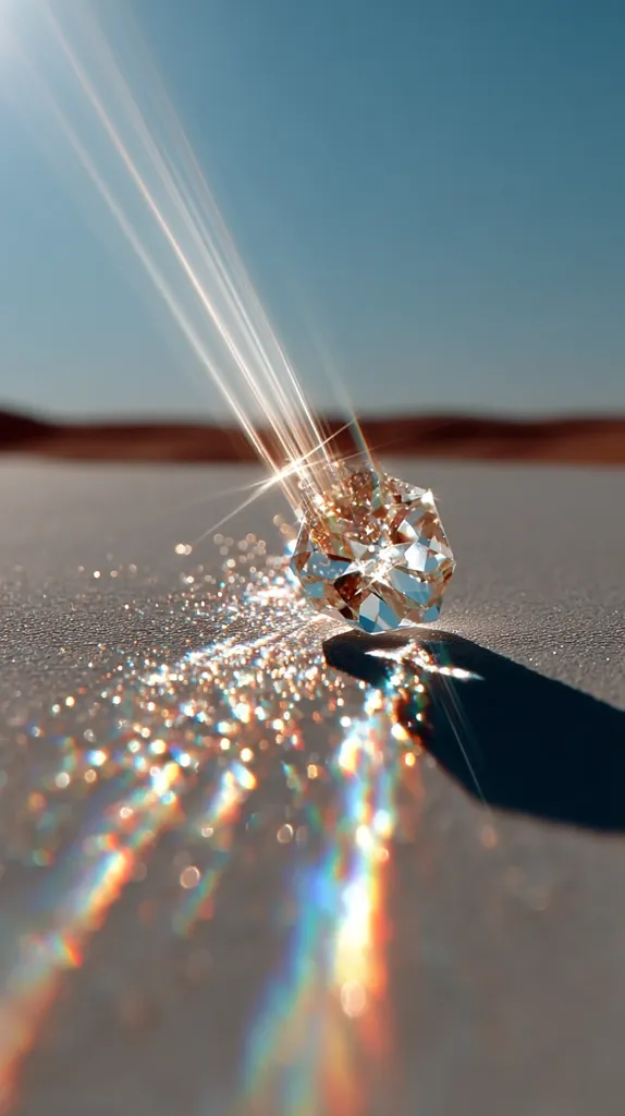 A large, clear diamond rests on a light gray surface, illuminated by bright sunlight.  The sun's rays create a dramatic effect, casting shimmering light and vibrant rainbow refractions across the surface.  The diamond sparkles intensely, its facets catching and dispersing the light. The scene evokes a sense of luxury and pristine beauty.