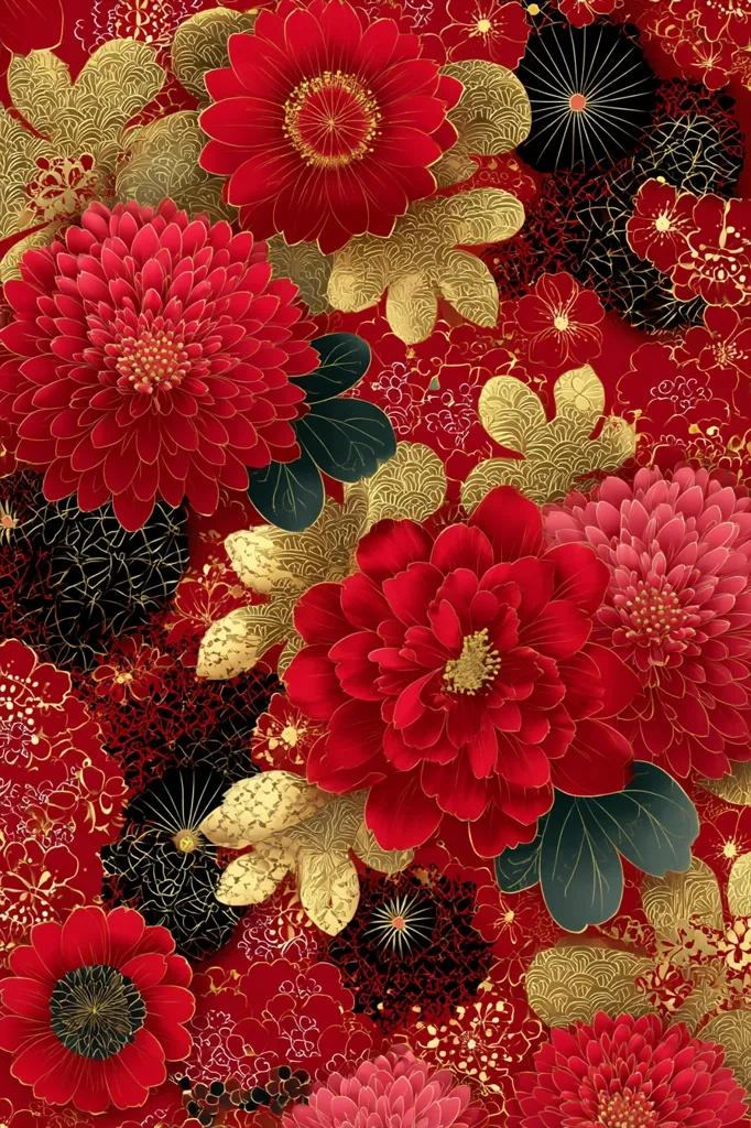 A vibrant floral design features predominantly red chrysanthemums and peonies, accented by gold and black foliage.  The intricate details suggest a Japanese or Chinese aesthetic, with gold leaf patterns adding a luxurious touch.  The rich colors and layered blossoms create a dense, opulent composition.  The contrast between red, gold, and black is striking and visually captivating.