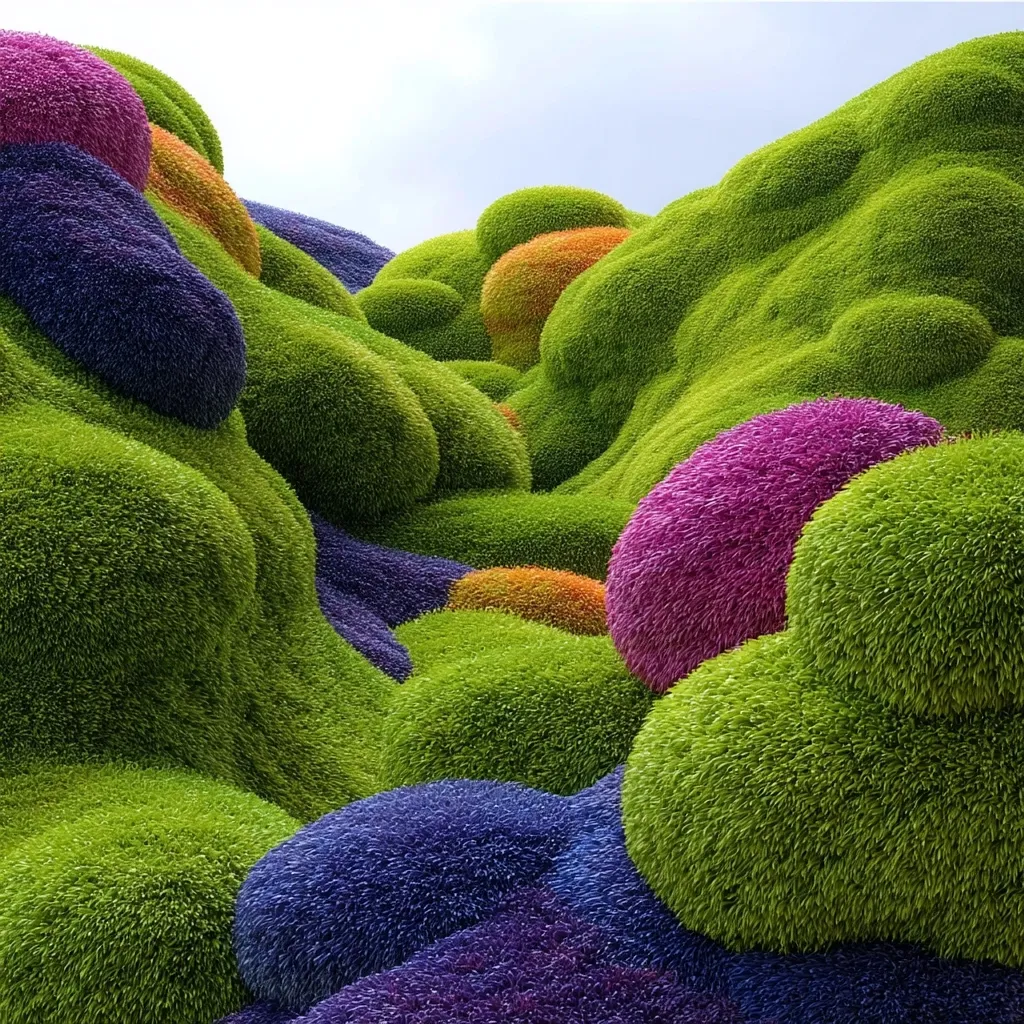 A surreal landscape of vibrant, fluffy hills dominates the image.  Predominantly green, the hills are punctuated by rounded mounds of purple, orange, and dark blue. The texture resembles soft, dense moss or fur, creating a whimsical and almost otherworldly scene under a pale sky.  The colors are highly saturated, making the overall effect striking and dreamlike.