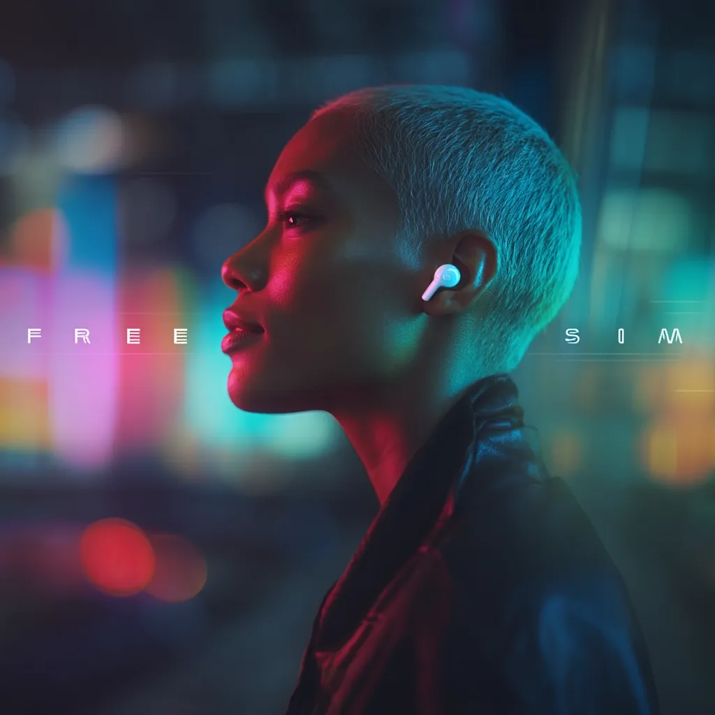 A young woman with short, blonde hair, illuminated by vibrant neon lights, is seen in profile.  She wears a dark jacket and a white wireless earbud in her right ear. The words "FREE" and "SIM" flank her, suggesting a theme of freedom and connectivity in a bustling, urban setting. The image evokes a feeling of modern technology and independent style.