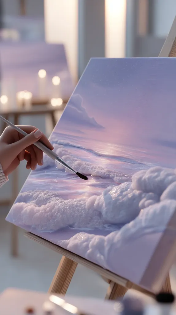 A hand delicately holds a brush, adding detail to a pastel-colored seascape painting.  The artwork depicts soft, foamy waves under a serene, purple-hued sky. The artist is meticulously capturing the texture and light reflecting on the water. The scene is peaceful and evokes a sense of tranquility.  The canvas rests on a wooden easel, in a softly lit room.