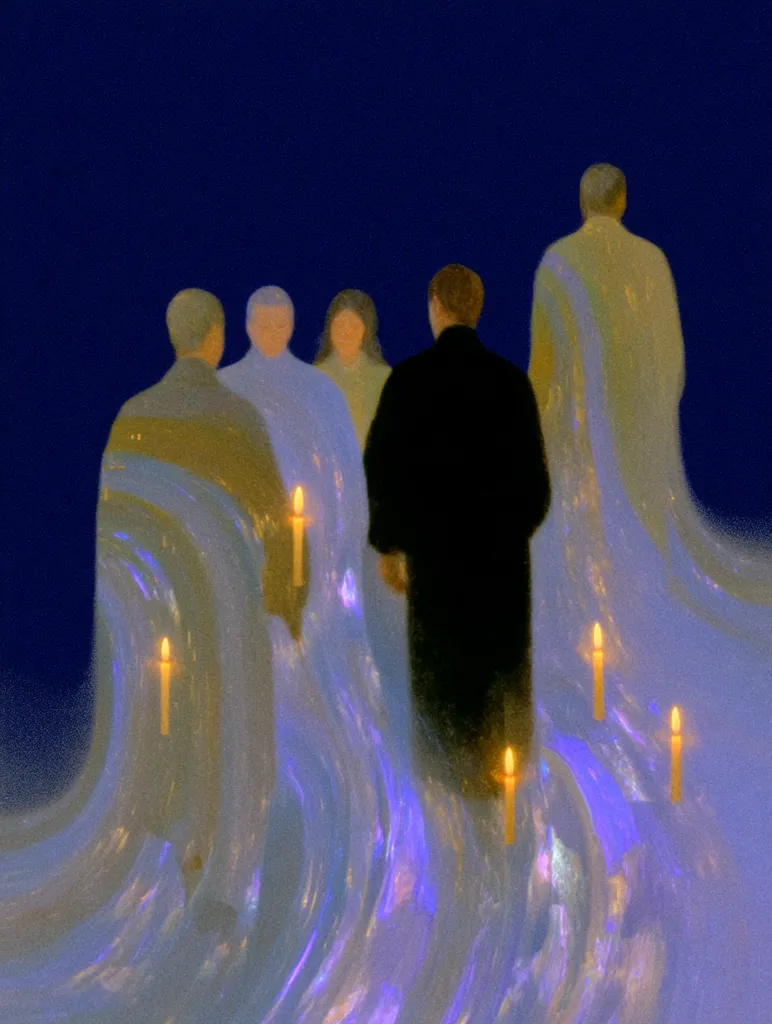 A stylized painting depicts five figures, possibly mourners, standing in a flowing, ethereal light.  They are enveloped in a swirling, luminous fabric of pale blues and purples, illuminated by several small candles. The central figure, dressed in black, stands slightly apart from the others, creating a poignant and contemplative atmosphere. The overall style suggests a spiritual or somber event.