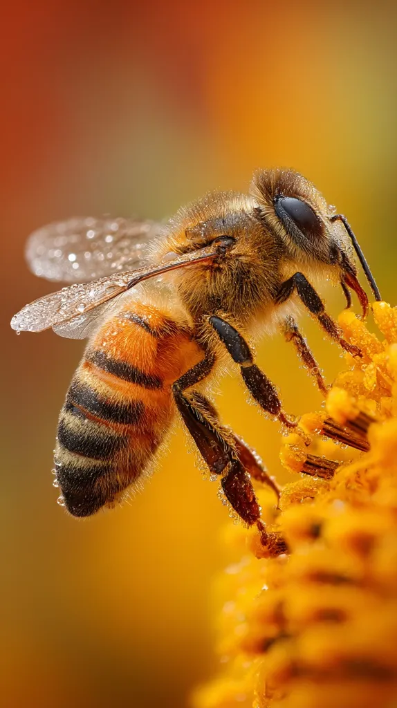 A honeybee, covered in tiny droplets of dew, clings to a vibrant orange flower.  Its fuzzy body and intricate legs are sharply in focus against a blurred, warm background. The bee's delicate wings are partially visible, showcasing the intricate details of its anatomy. The overall image evokes a sense of natural beauty and the intricate relationship between pollinators and flowers.
