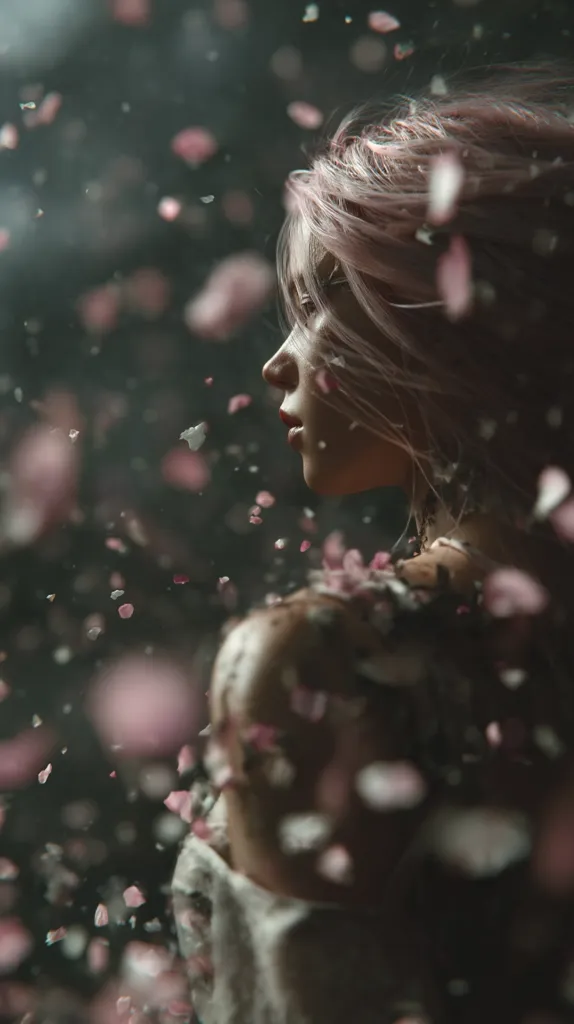 A young woman with pink hair is surrounded by falling pink petals.  Her profile is visible, her expression serene. The background is dark, emphasizing the ethereal quality of the scene.  The image evokes a feeling of delicate beauty and tranquility, possibly representing a fleeting moment or dreamlike state.  The pink petals create a soft, romantic atmosphere.