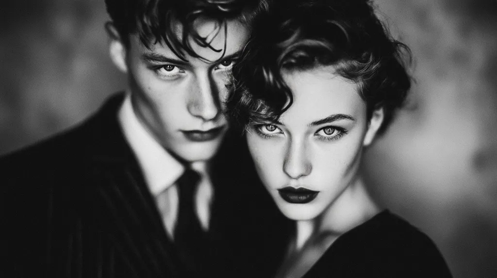 A black and white close-up portrait captures a young man and woman in intimate embrace.  He, in a suit and tie, gazes intensely, while she, with dark, wavy hair, meets the camera's gaze directly.  Their faces are sharply in focus, highlighting their striking features and creating a mood of dramatic intensity and unspoken connection. The dark background adds to the image's moody atmosphere.
