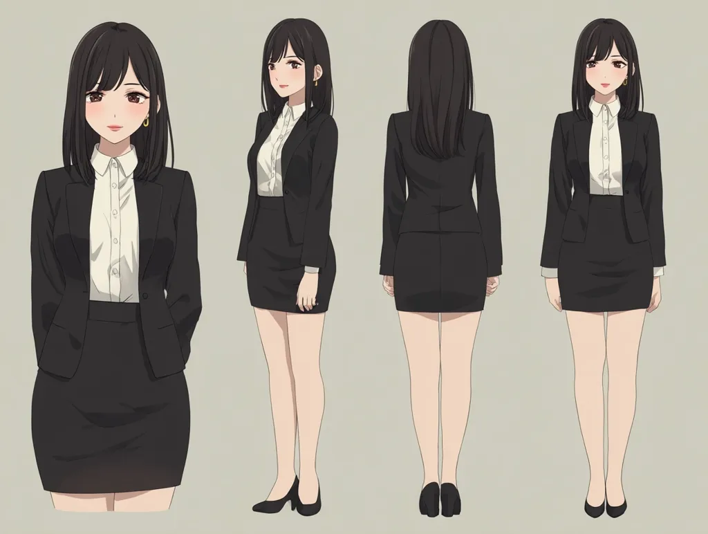 A digital illustration showcases a young woman in a business suit from four angles. She has long black hair, fair skin, and wears a black skirt suit paired with a white shirt and black heels.  The style is anime-inspired, with a clean and polished look. The image provides a detailed view of the character's design and attire.