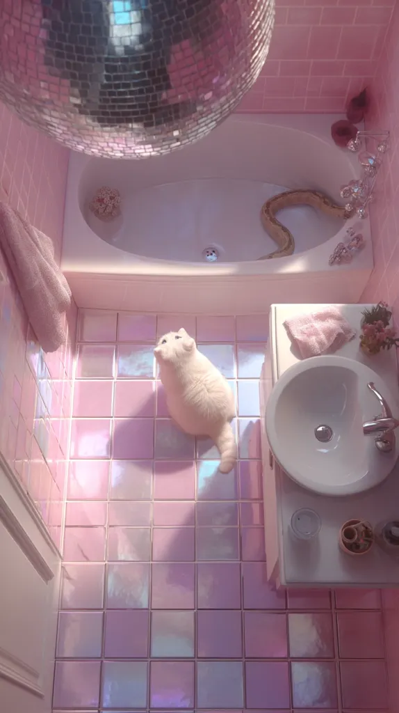 A pink bathroom features iridescent tile flooring, a white bathtub with a snake inside, and a white cat sitting on the floor.  A disco ball hangs from the ceiling above the tub.  A white sink and vanity with pink accents complete the scene.  The overall aesthetic is whimsical and pastel.