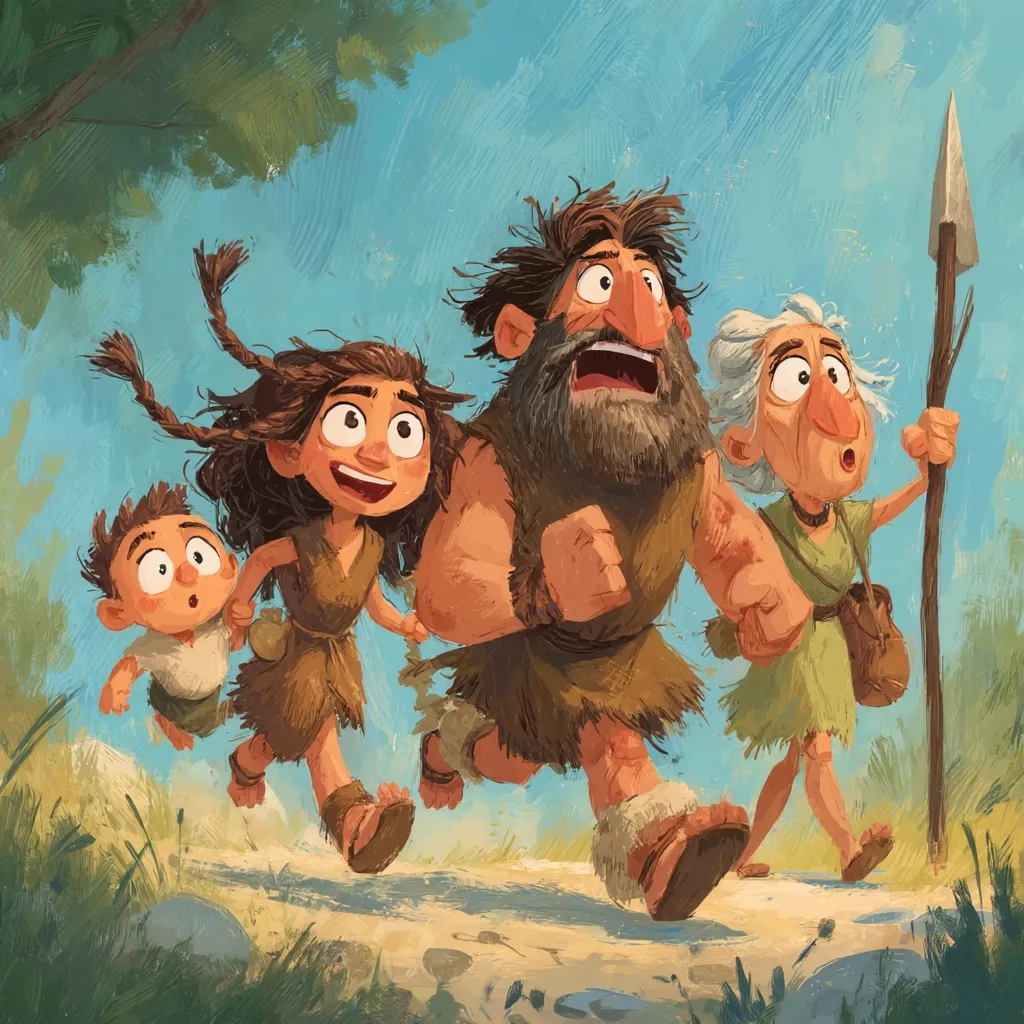 A stylized illustration depicts a Stone Age family in motion.  A muscular father leads, his mouth agape in surprise or excitement, closely followed by his daughter, and a younger son.  An older woman, carrying a staff and a satchel, brings up the rear.  Their expressions are animated, and their attire is simple, suggesting a nomadic lifestyle. The overall style is whimsical and vibrant, reminiscent of a children's book illustration.