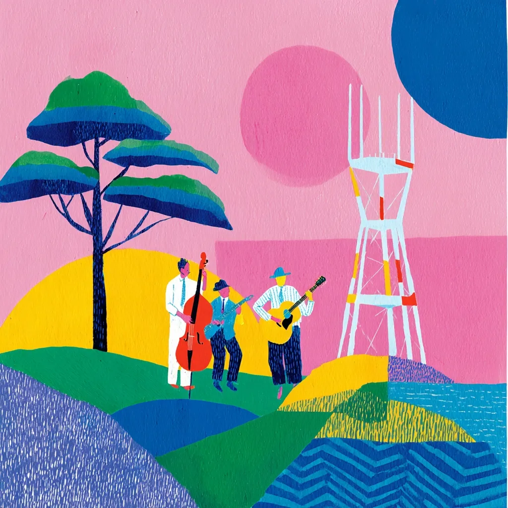 A vibrant illustration depicts a jazz band performing outdoors. Three musicians play a double bass, clarinet, and guitar against a stylized landscape featuring a tree, hills, a water body, and a distinctive tower.  The artwork's bold colors and textured brushstrokes create a playful, energetic mood. The setting sun is suggested by large pink and yellow circles in the sky, adding to the whimsical ambiance.