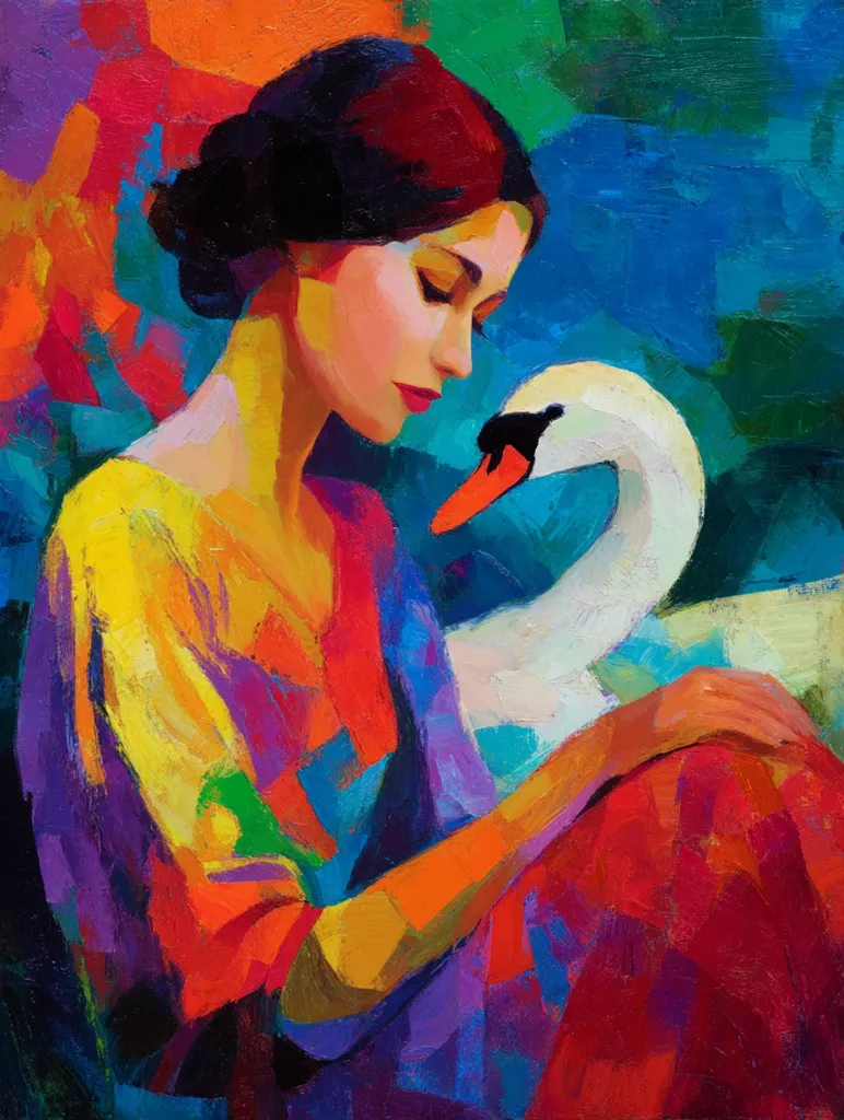 A vibrant, expressionist painting depicts a woman with dark hair, elegantly styled, in a colorful, abstract garment.  She sits serenely, her gaze downward towards a graceful white swan nestled beside her.  The artwork uses bold strokes and a rich palette of oranges, reds, purples, and blues, creating a feeling of warmth and contemplation.  The woman and swan appear intimately connected, suggesting a theme of grace and quietude.