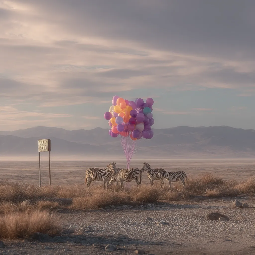 A whimsical scene unfolds in a desolate landscape. Three zebras stand before a large bunch of pastel-colored balloons seemingly tethered to the ground.  A lone signpost stands nearby, adding to the surreal atmosphere of the vast, empty plain under a hazy sky. The image evokes a feeling of unexpected joy and quiet contemplation.