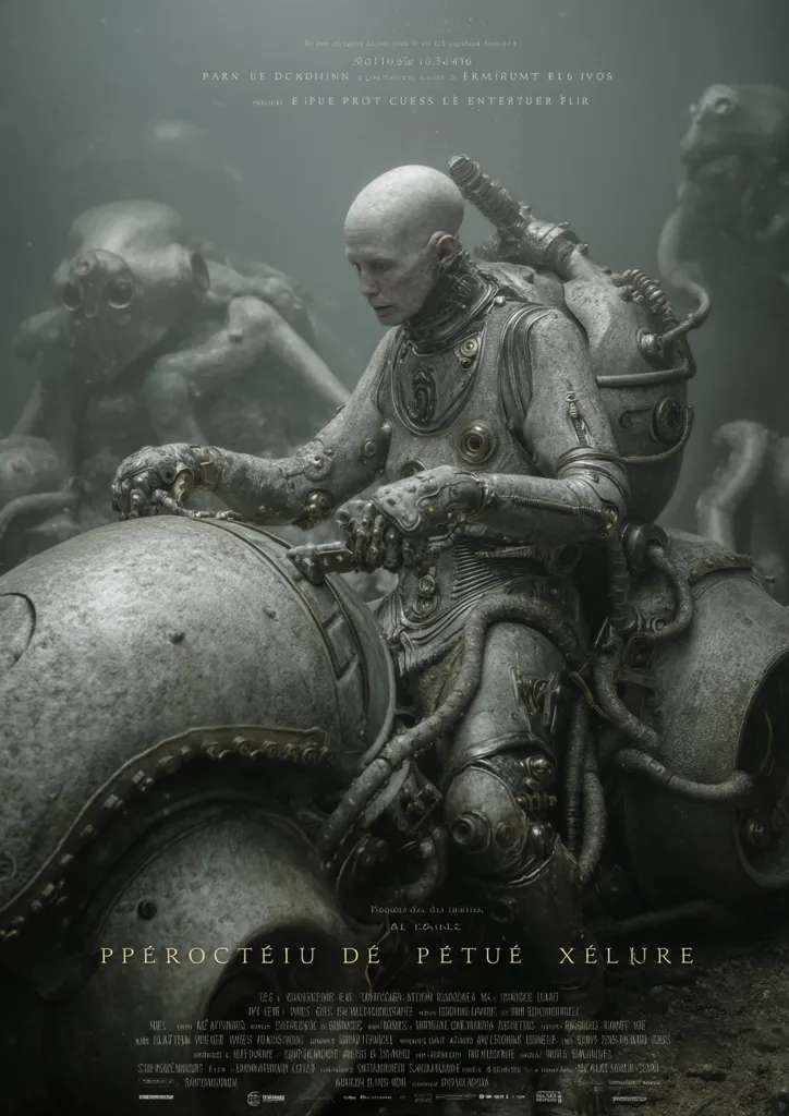 A poster for the film "Ppéroctéiu de Pétué Xélure" shows a pale, bald-headed humanoid figure in a metallic suit, riding a futuristic, biomechanical motorcycle. The setting is dark and misty, with indistinct, organic forms in the background. The overall aesthetic is dark, steampunk, and slightly disturbing. The title and credits are visible at the bottom.