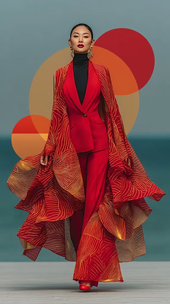 A fashion model, with dark hair pulled back, wears a striking red pantsuit.  The suit is layered with a flowing, sheer red cape featuring a gold linear pattern.  Large gold earrings and red lipstick complete the look. The backdrop is a stylized arrangement of overlapping red and orange circles against a muted blue sky and ocean.  The overall impression is one of modern elegance and bold color.