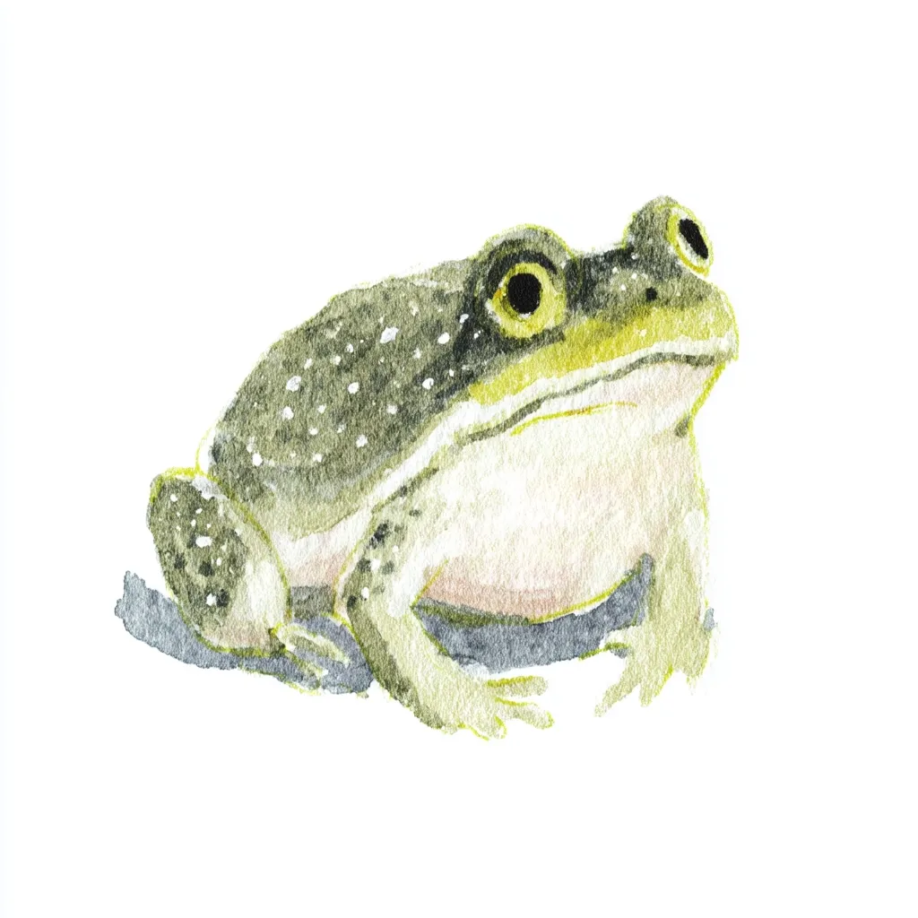 A watercolor painting depicts a frog in profile view, facing right.  Its skin is predominantly green-grey with darker speckles on its back.  The frog's underbelly is lighter, almost creamy white.  Its eyes are large and prominent, showcasing yellow irises. The painting style is delicate and realistic, capturing the texture of the frog's skin.  The frog appears to be sitting on a dark grey shadow.