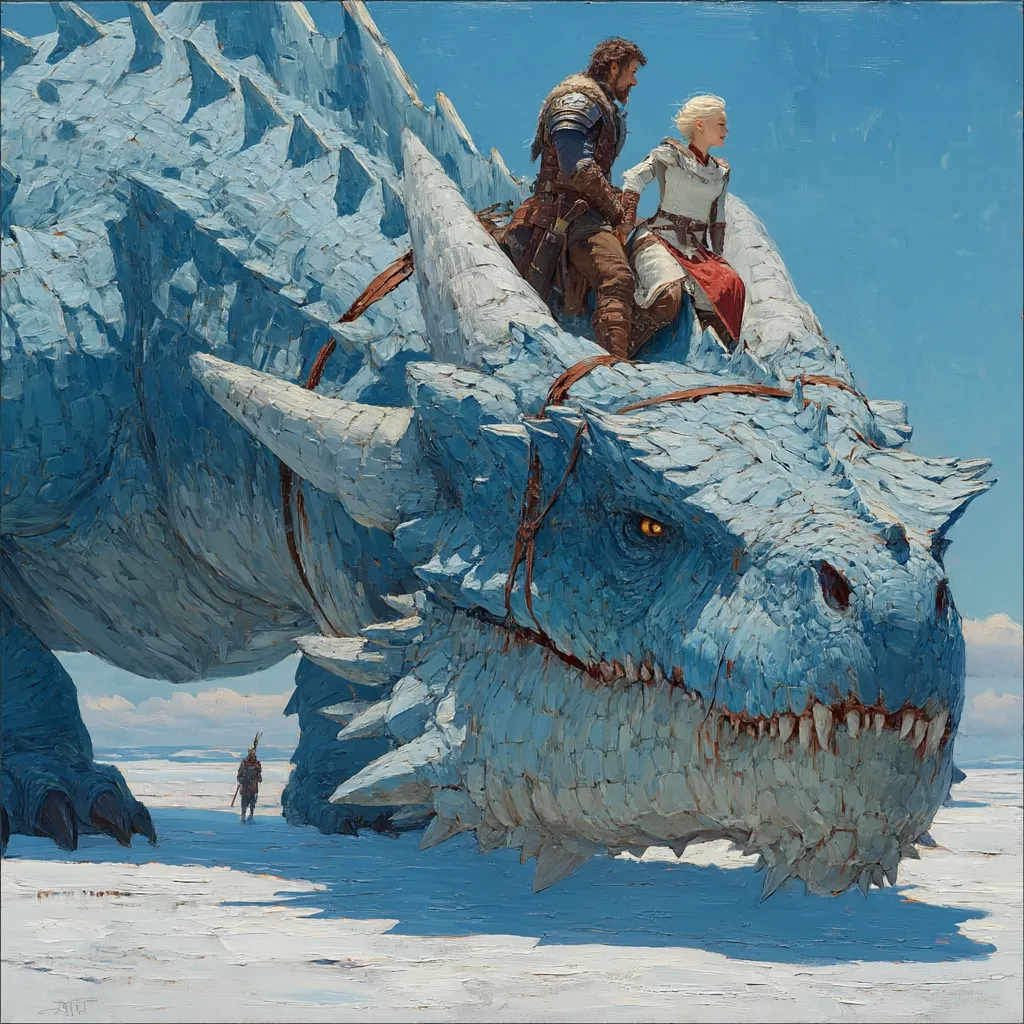A majestic, light-blue dragon traverses a snowy landscape.  A man and woman, clad in medieval attire, ride upon its back, appearing serene and confident.  In the distance, a lone figure stands small against the vastness of the dragon and the expansive white terrain.  The painting's style is impasto, with visible brushstrokes adding texture and depth. The scene evokes a sense of fantasy and adventure.