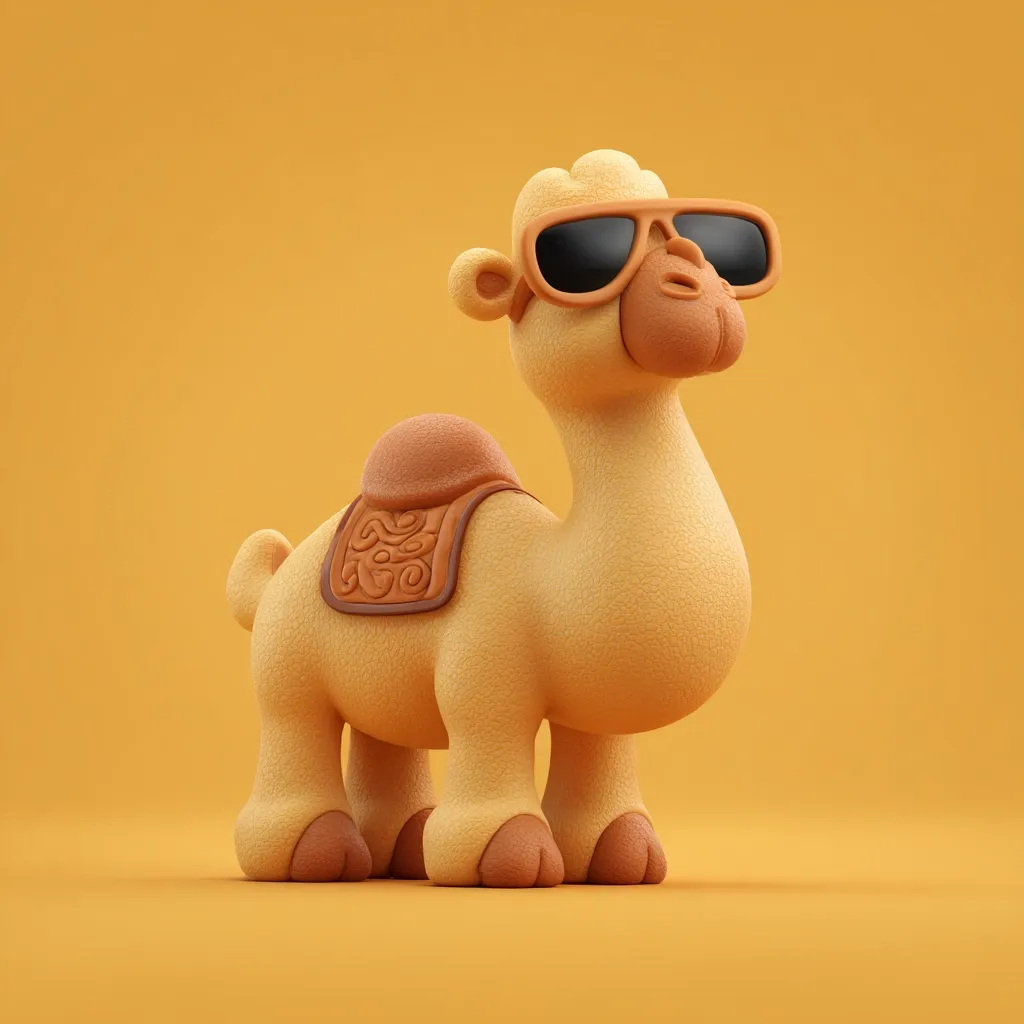 A cute, cartoonish camel, rendered in a 3D style, sports a pair of dark sunglasses.  Its sandy-yellow fur is textured, and it wears a small, ornate saddle. The camel stands against a matching ochre background, creating a simple yet visually appealing image.  The overall style is playful and slightly whimsical.