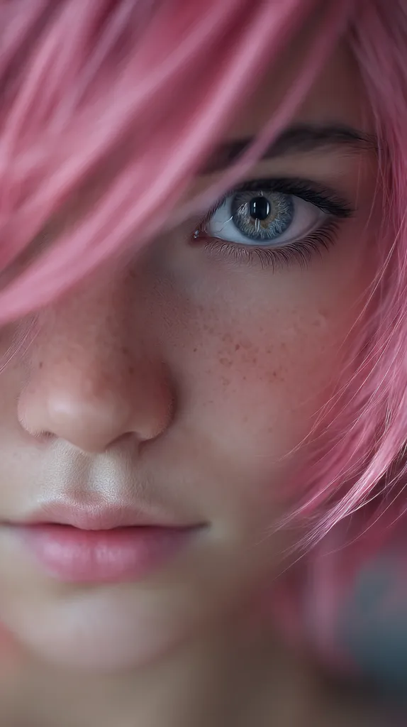 Close-up view of a young woman's face.  She has pale skin with freckles, light pink hair that partially obscures her face, and striking gray-blue eyes.  The focus is primarily on her eye and the soft, subtle details of her complexion and lips. The overall mood is soft and dreamy.