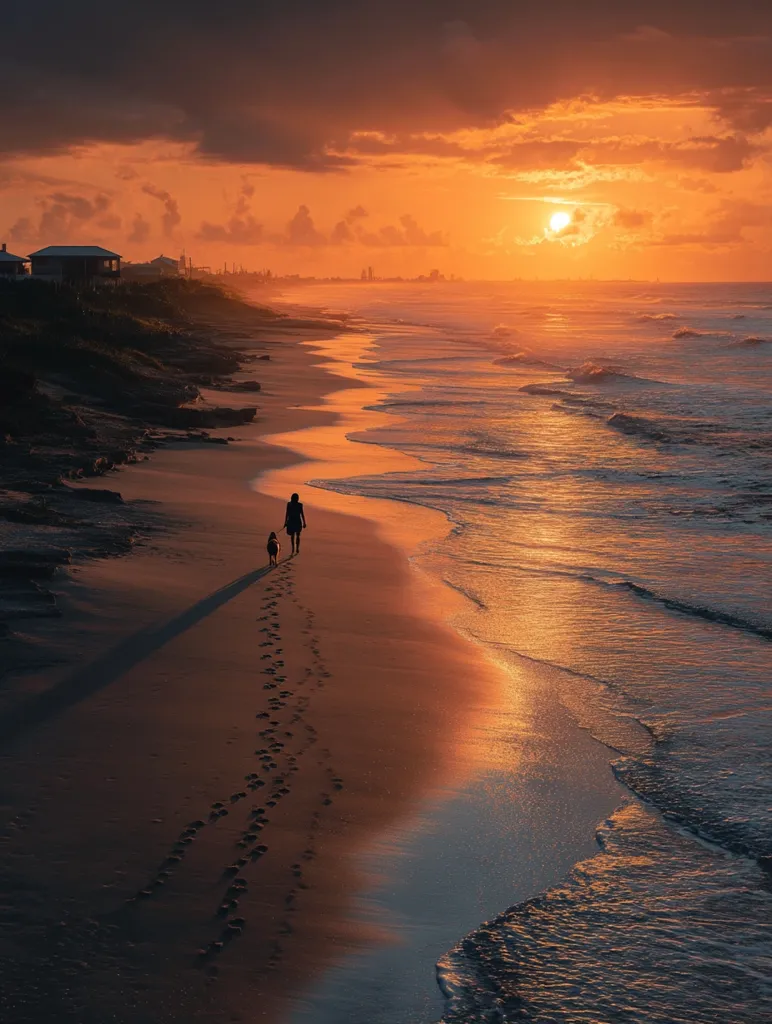 A person and a small dog walk along a sandy beach at sunset.  The setting sun casts a warm orange glow on the water and sand, illuminating their footprints in the wet sand.  A distant shoreline and a few houses are visible in the background under a dramatic sky. The scene evokes a sense of peace and tranquility.