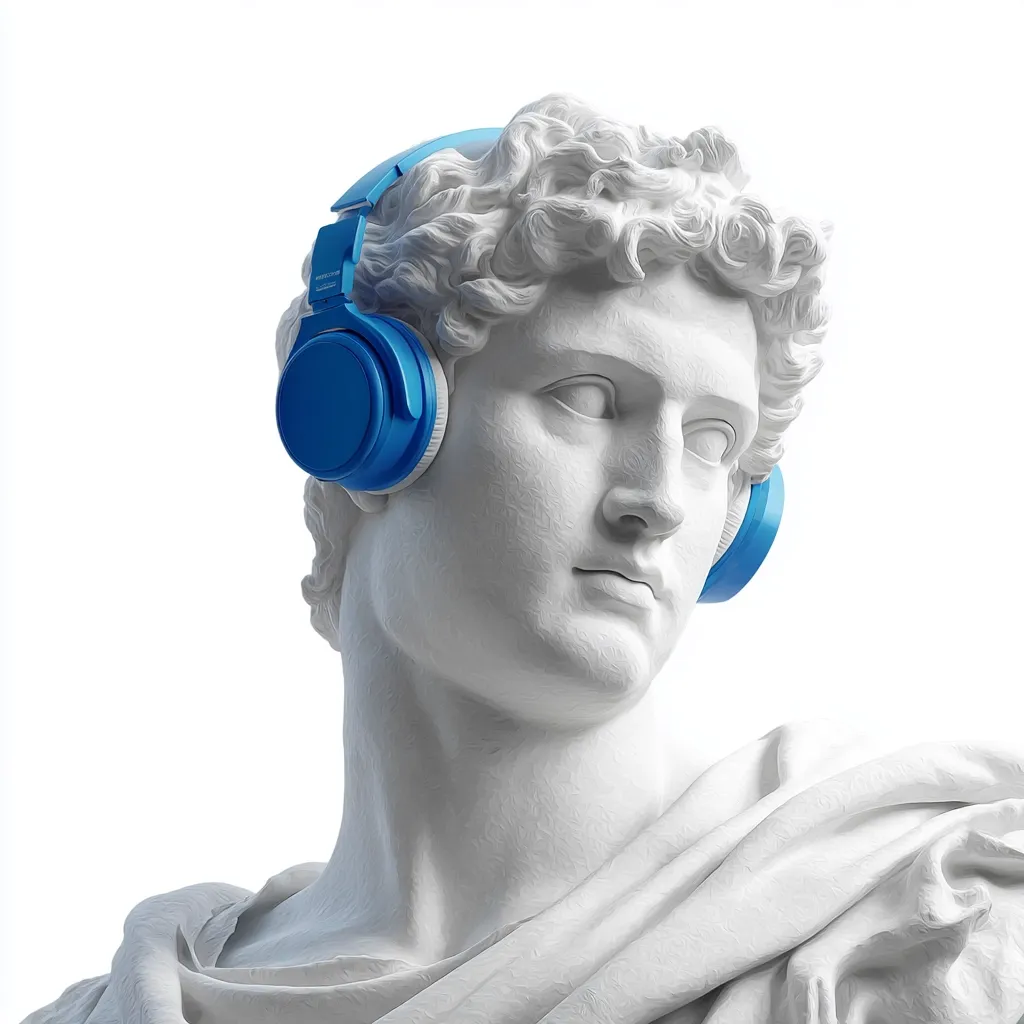 A classical bust, possibly depicting the Belvedere Torso, is depicted wearing vibrant blue over-ear headphones.  The juxtaposition of ancient sculpture and modern technology creates a striking visual, suggesting a blend of timeless art and contemporary culture. The white marble of the bust contrasts sharply with the bright headphones, drawing attention to the unexpected combination.