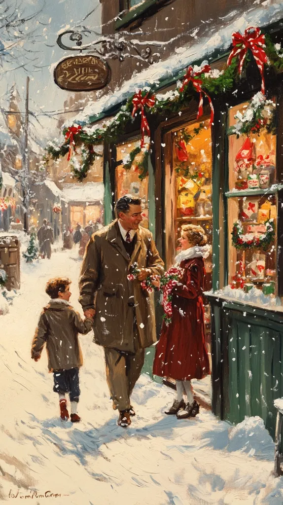 A family strolls through a snow-covered street on Christmas Eve.  A father and mother hold hands, their young son walks between them. They pause before a festively decorated shop, "Semach's Yule Tree," its windows glowing with Christmas treats.  Snow falls gently, creating a charming winter scene.  The warm light from the shop contrasts with the cold, snowy surroundings, capturing the magic of the holiday season.