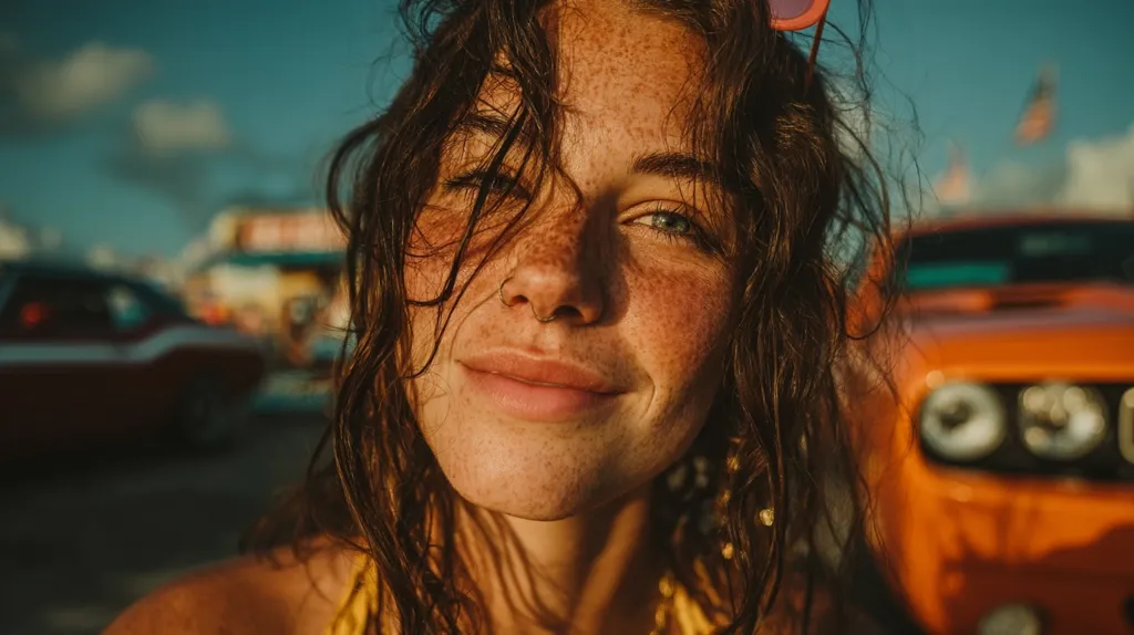 Close-up portrait of a freckled young woman with wavy brown hair partially obscuring her face.  She's smiling subtly, and a nose ring is visible.  The background is slightly blurred, showing a classic car and hints of a carnival or fairground in the distance, suggesting a carefree, summery atmosphere. The warm sunlight illuminates her face and enhances her natural features.