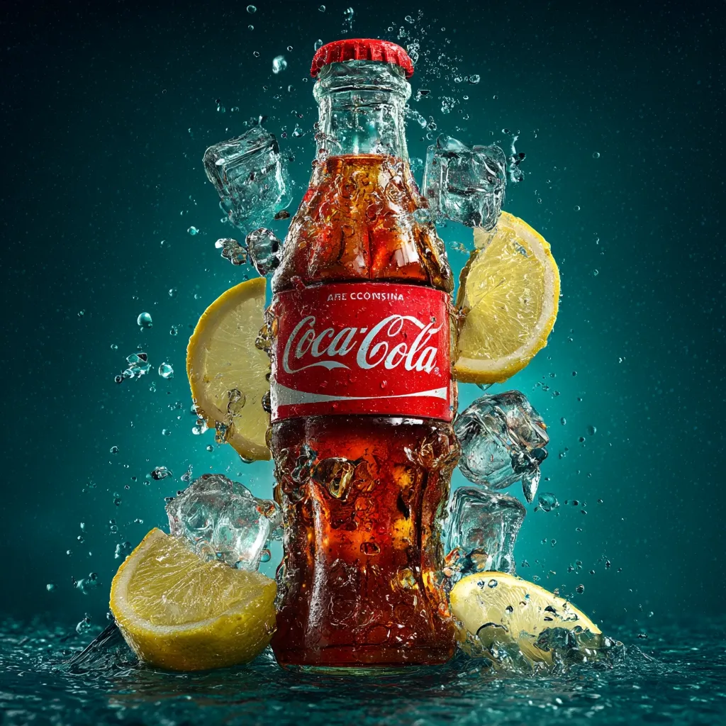 A Coca-Cola bottle is submerged in a vibrant teal liquid, surrounded by ice cubes and lemon slices.  Water droplets splash around the bottle, creating a dynamic and refreshing image.  The Coca-Cola label is prominently displayed, and the overall aesthetic suggests a cool, fizzy beverage. The scene is sharply focused, highlighting the details of the bottle and the surrounding elements.