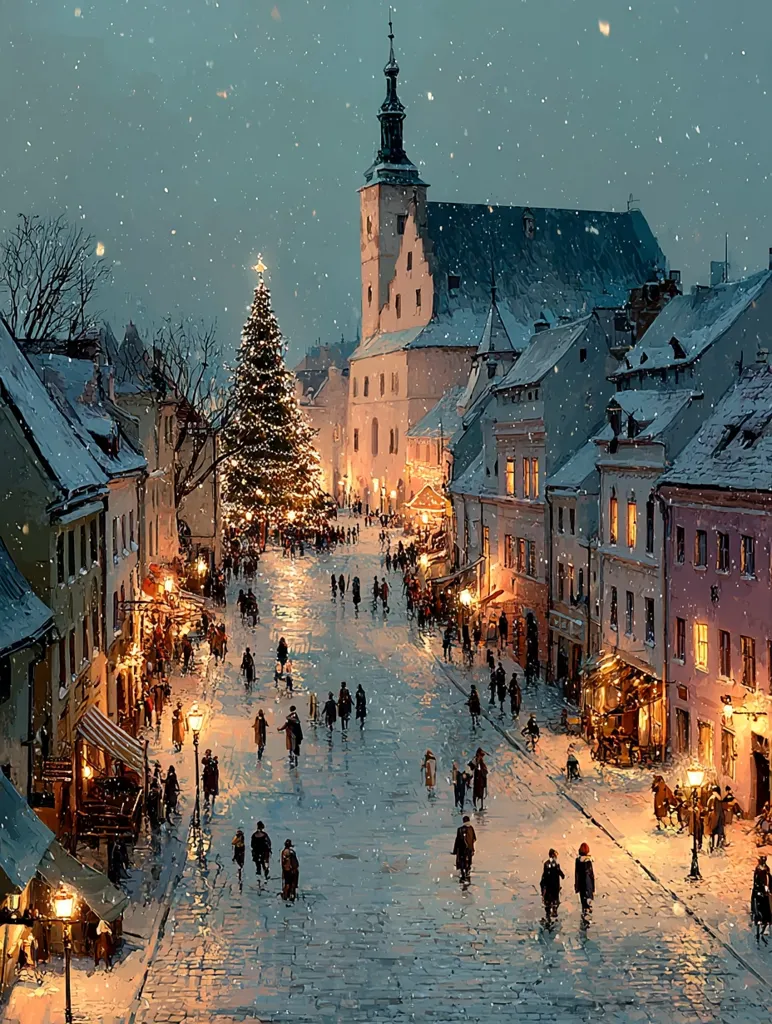 A snow-dusted European town square glows under a twilight sky.  A large Christmas tree stands proudly in the center, surrounded by bustling crowds enjoying the festive atmosphere.  Ancient, snow-covered buildings line the cobblestone streets, their warm light spilling onto the snowy ground.  A tall church spire dominates the scene, adding to the charming and quaint ambiance of the winter wonderland.  Falling snow adds a magical touch to the picturesque Christmas Eve setting.