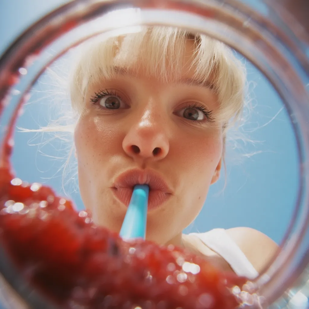 Close-up view from inside a glass as a young woman with blonde hair drinks a thick, red smoothie through a blue straw. Her face is the central focus, with the vibrant red smoothie filling the foreground and a clear blue sky visible in the background. The perspective is distorted, creating a playful and intimate mood.