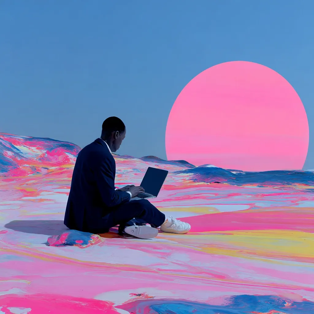 A man in a dark suit sits cross-legged on a vibrant, abstract landscape, using a laptop.  The surreal scene features swirling pink, blue, and yellow paint-like textures, resembling hills and a large, bright pink sun in the background.  The image contrasts formal attire with an imaginative, dreamlike setting.