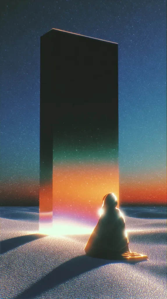 A solitary figure, cloaked and hooded, sits before a colossal, obsidian monolith.  The monolith glows with an inner light, casting a warm, orange hue against the twilight sky.  The scene is set in a vast, seemingly desolate landscape under a starlit expanse, creating a surreal and contemplative atmosphere.  The image evokes a sense of mystery and wonder.