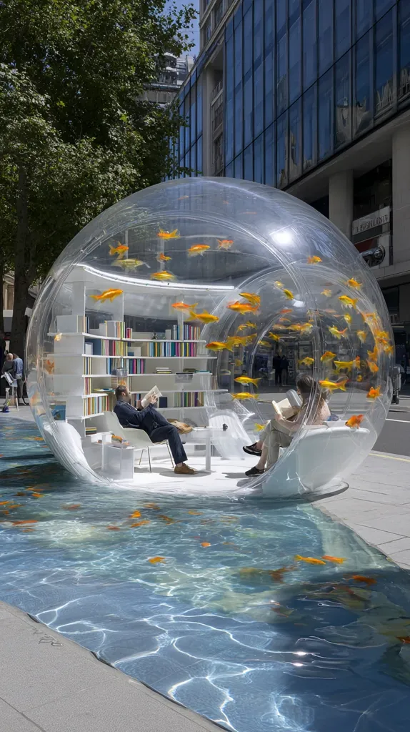 A transparent sphere containing a mini-library and goldfish floats in a shallow pool. Two people sit inside reading, surrounded by numerous goldfish swimming both inside and outside the sphere. The scene is set outdoors, with city buildings and trees in the background. The installation combines elements of nature, literature, and public art, creating a unique and tranquil environment.