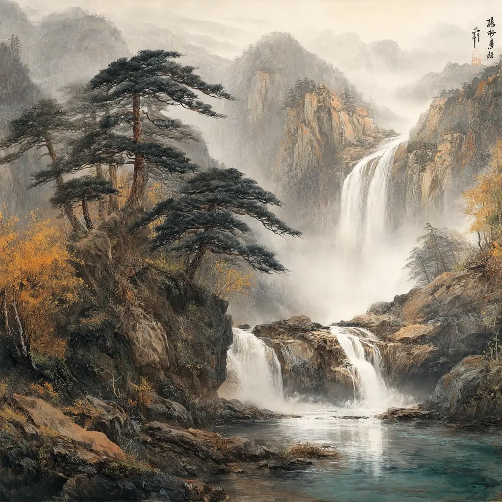 A misty mountain landscape painting showcases a cascading waterfall plunging into a serene pool.  Dark green pines cling to rocky cliffs, contrasted by autumnal hues on the lower slopes.  The scene is shrouded in a soft, ethereal mist, creating a tranquil and atmospheric depiction of nature's grandeur.  The overall effect is one of peaceful solitude and the beauty of untamed wilderness.