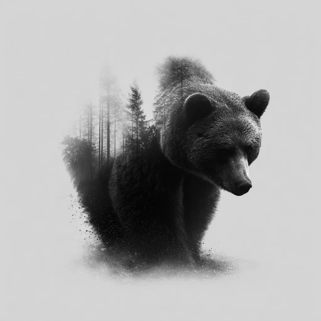 A monochrome image showcases a brown bear, its form subtly merging with a misty forest scene.  The bear's silhouette is partially transparent, revealing the trees within. The effect creates a haunting, ethereal image, suggesting the bear's connection to its natural habitat.  The overall mood is serene yet powerful, emphasizing the animal's majesty and the beauty of the wild.