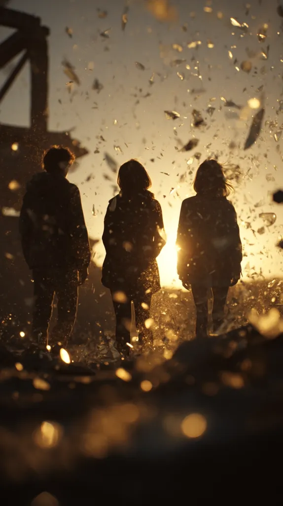 Three silhouetted figures stand against a setting sun, bathed in golden light.  Small, glittering particles, possibly shards of glass or ice, rain down around them.  The figures appear to be young adults, their forms indistinct but suggestive of a group experiencing a shared moment of quiet contemplation or shared adventure.  The background hints at a weathered structure, adding a sense of atmosphere and mystery to the scene.